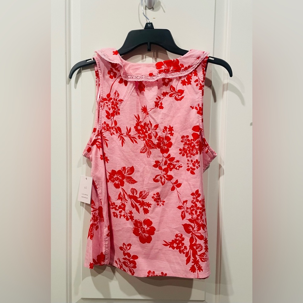 NEW…LC Lauren Conrad Pink & Red Floral Ruffle Sleeveless Top - Picture 3 of 4